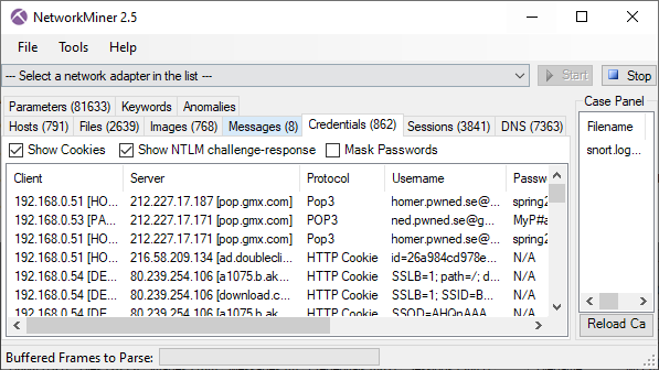 Usernames and passwords extracted with NetworkMiner